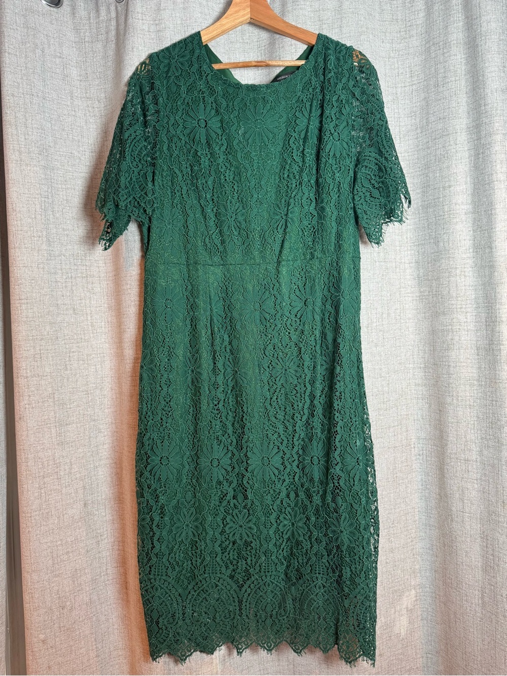 Forest Green Lace Midi Dress with Scalloped Hem.